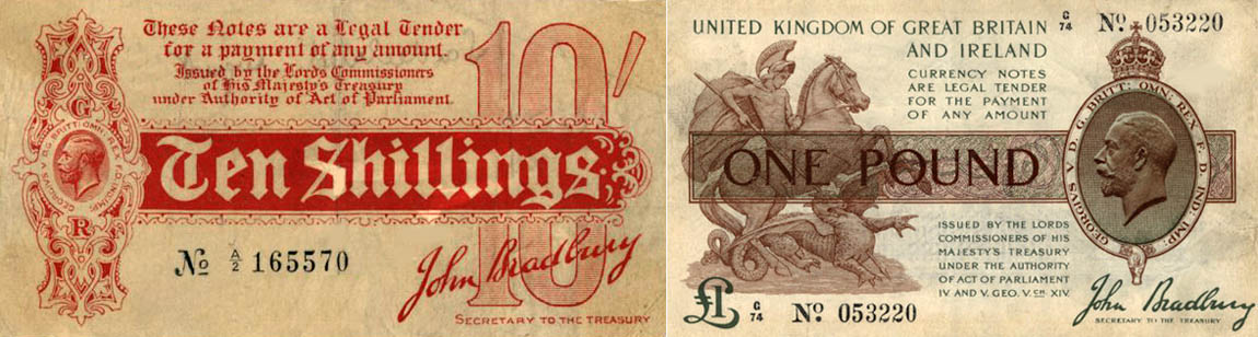 Bradbury one pound and ten shilling notes