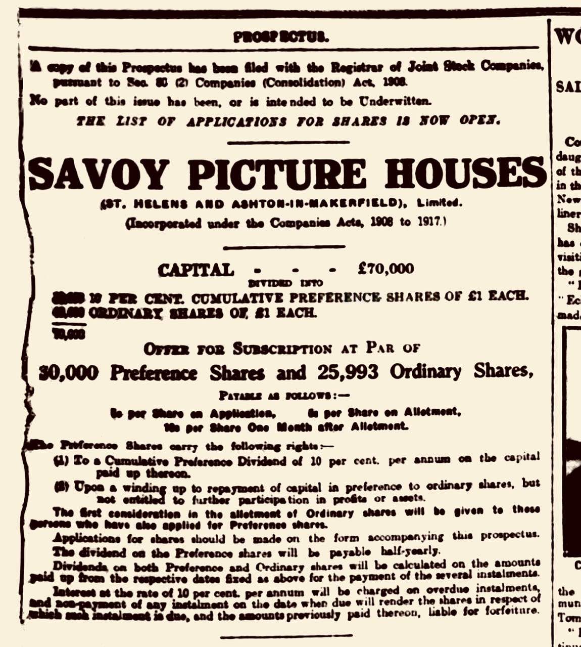 Savoy St Helens share issue 1920