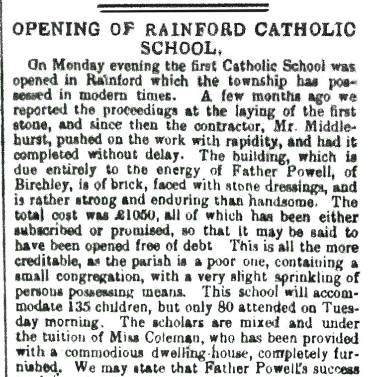 Rainford Catholic School 1874