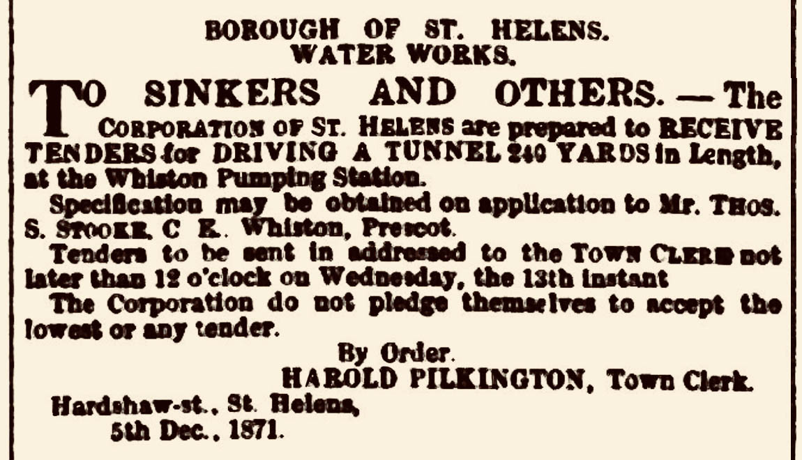 Whiston Water Well Sinkers Notice Wigan Observer 1871