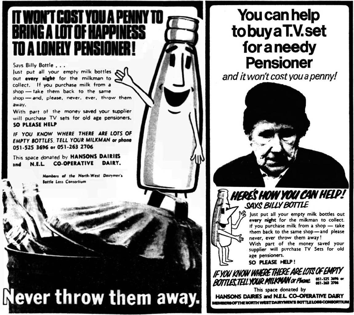 Billy Bottle milk bottle campaign 1970s, St Helens