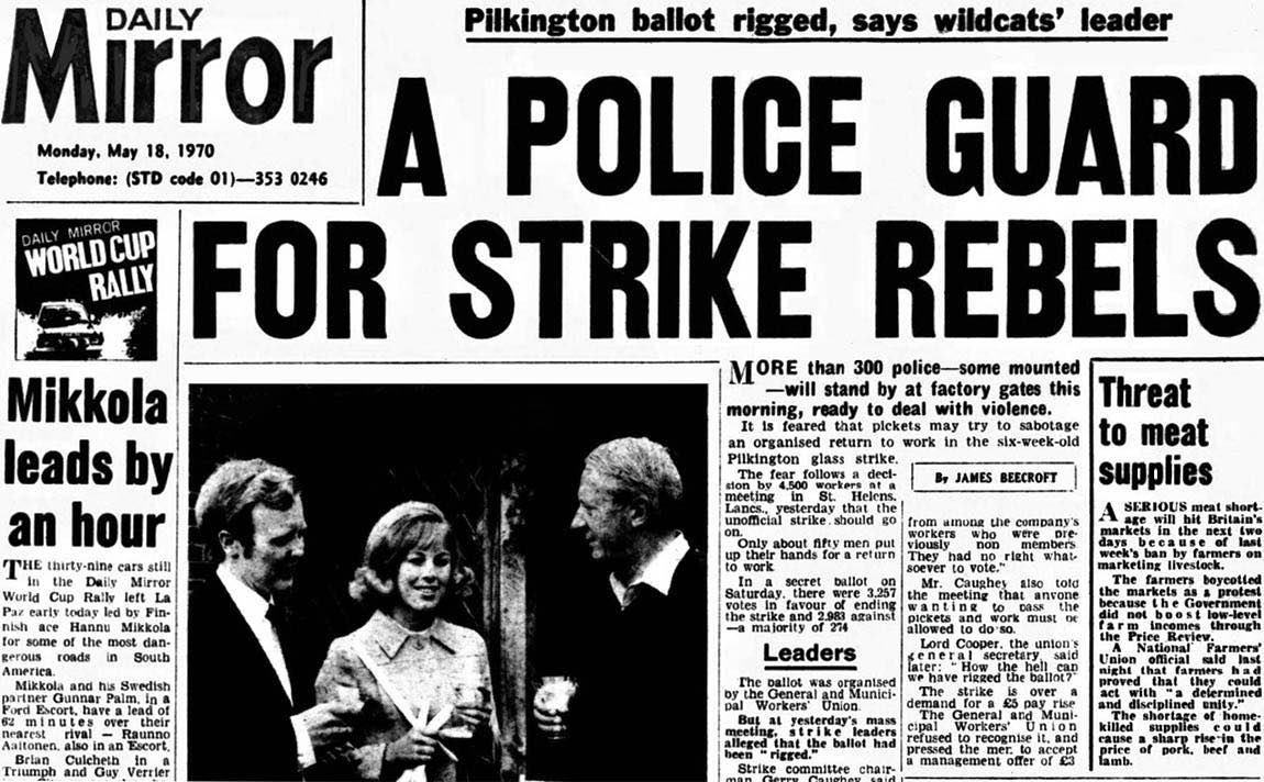 Daily Mirror report into Pilkington strike - police guard strike rebels